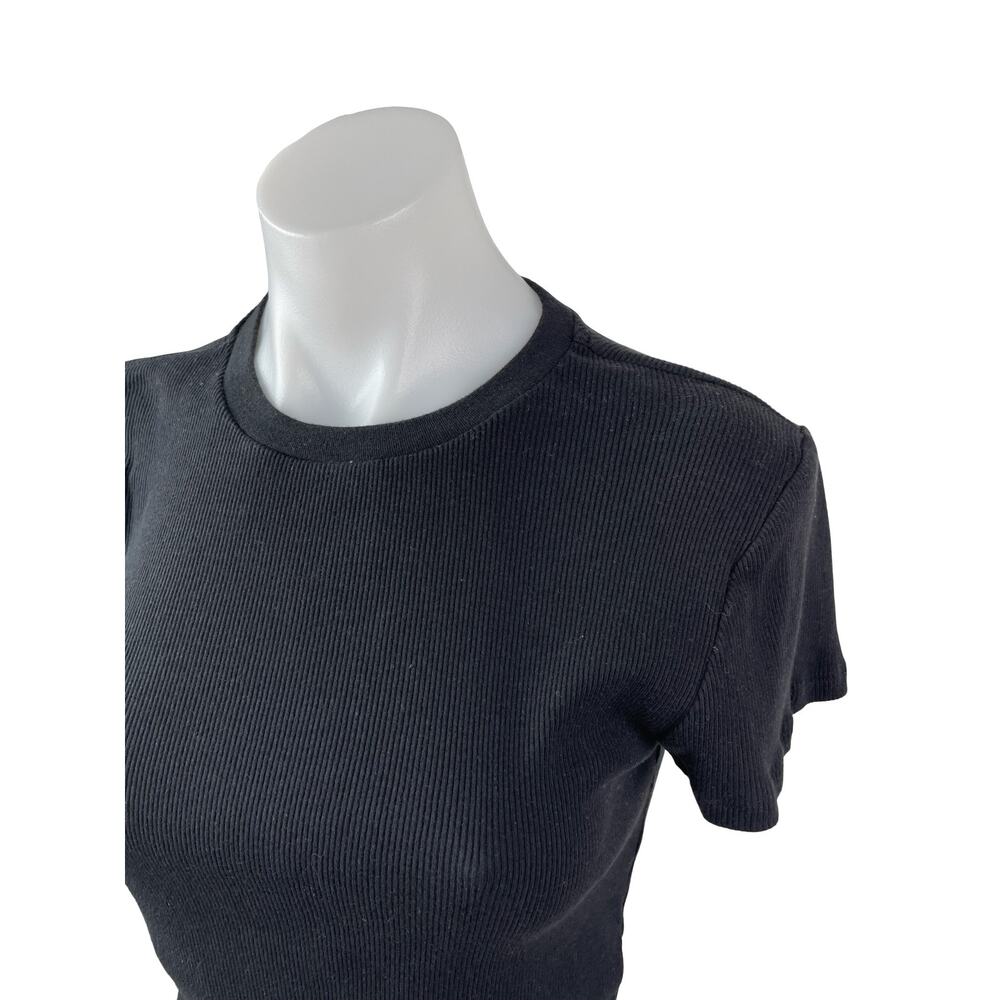 Aritzia TNA Women's Black Ribbed Knit Crew Sculpt Cropped T Shirt Tee Top Size L - Picture 2 of 6